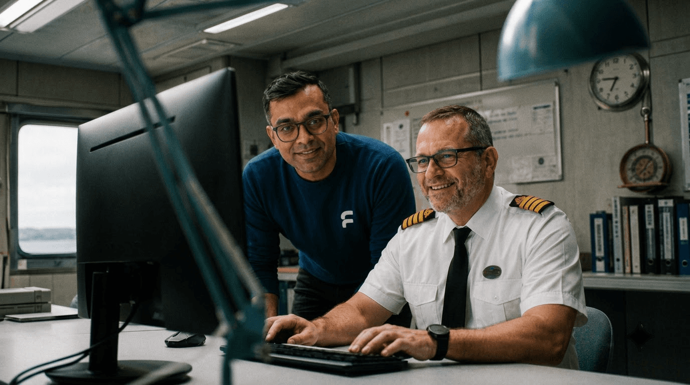 Two colleagues reviewing fleet data together at a desktop workstation